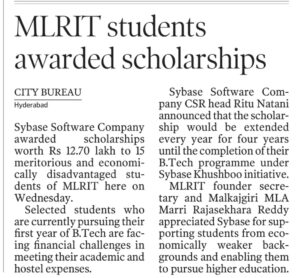 Cybage Scholarships granted for MLRIT students